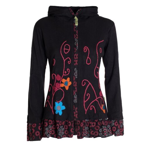 Vishes - Damen Sommerjacke Blumen-Strickjacke Elfenjacke Kapuzi Rüschen schwarz 38