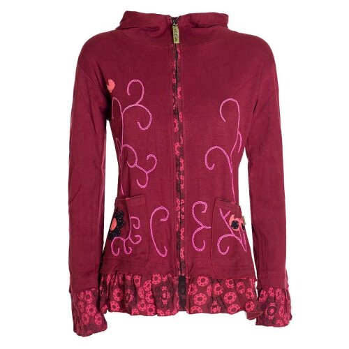 Vishes - Damen Sommerjacke Blumen-Strickjacke Elfenjacke Kapuzi Rüschen dunkel-rot 34-36