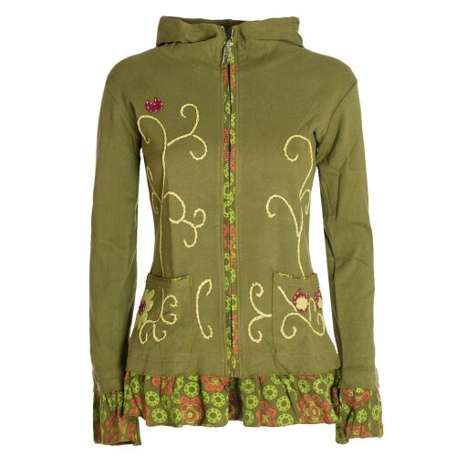 Vishes - Damen Sommerjacke Blumen-Strickjacke Elfenjacke Kapuzi Rüschen olive 50-52
