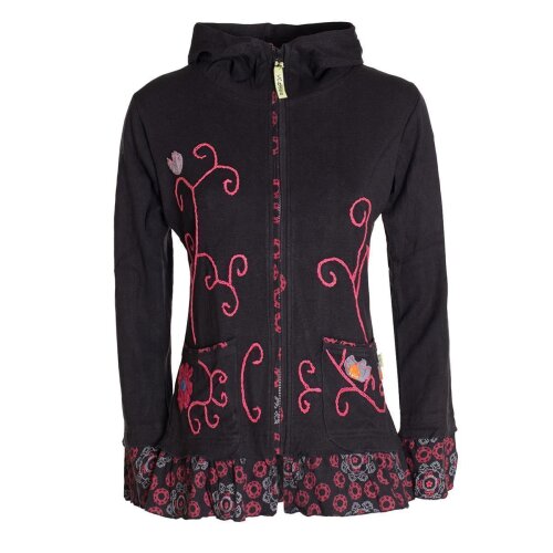Vishes - Damen Sommerjacke Blumen-Strickjacke Elfenjacke Kapuzi Rüschen schwarz-rot 46-48
