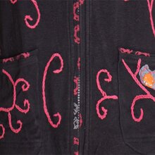 Vishes - Damen Sommerjacke Blumen-Strickjacke Elfenjacke Kapuzi Rüschen schwarz-rot 46-48