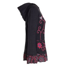 Vishes - Damen Sommerjacke Blumen-Strickjacke Elfenjacke Kapuzi Rüschen schwarz-rot 46-48