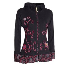 Vishes - Damen Sommerjacke Blumen-Strickjacke Elfenjacke Kapuzi Rüschen schwarz-rot 46-48
