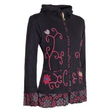 Vishes - Damen Sommerjacke Blumen-Strickjacke Elfenjacke Kapuzi Rüschen schwarz-rot 46-48