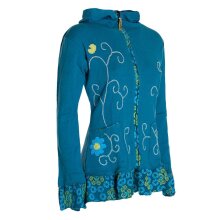 Vishes - Damen Sommerjacke Blumen-Strickjacke Elfenjacke Kapuzi Rüschen petrol 44