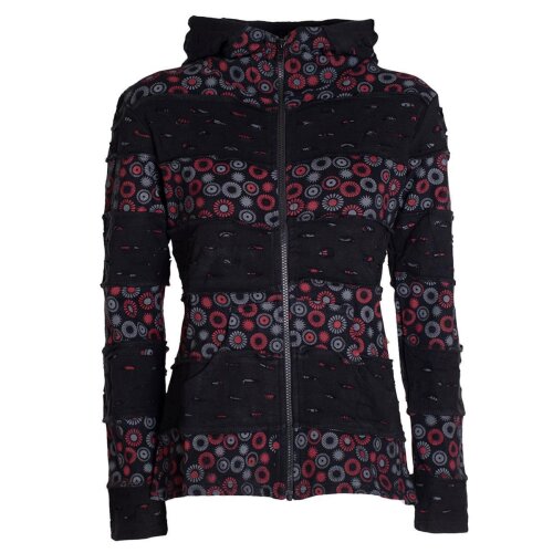 Vishes - Damen-Jacke Blumen Patch-Sweatjacke Hippie-Jacke Kapuzenjacke schwarz 48-50