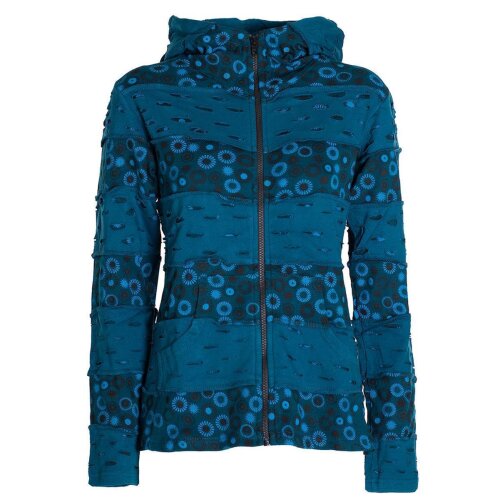 Vishes - Damen-Jacke Blumen Patch-Sweatjacke Hippie-Jacke Kapuzenjacke türkis 36-38