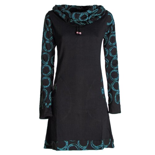 Vishes - Damen Lang-arm Kleid Schal-Kleid Winterkleider Baumwollkleid schwarz-türkis 36