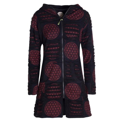 Vishes - Damen lange warme Jacke Hippiemantel Zipfel Kapuzenmantel schwarz-dunkelrot 42