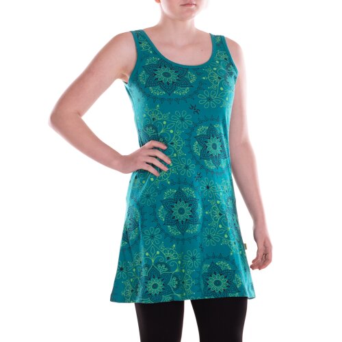 Vishes Damen Mini-Kleid Baumwolle Blumen-Muster A-Linie Rundhalsausschnitt ärmellos Casual türkis 42