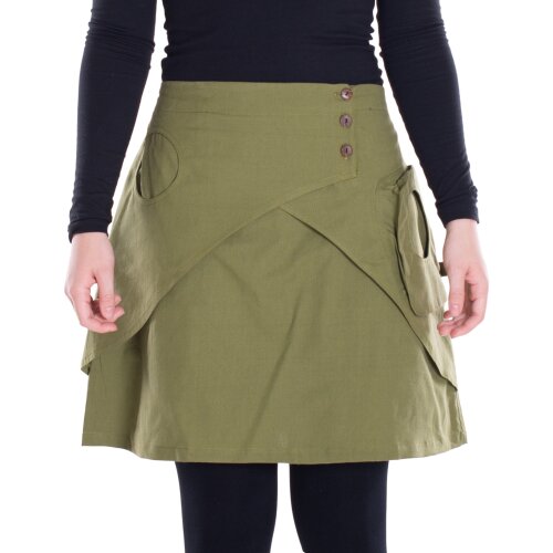 Vishes Damen Mini-Rock Baumwolle A-Linie breiter Bund mit Knopfleiste und Taschen olive 36-38