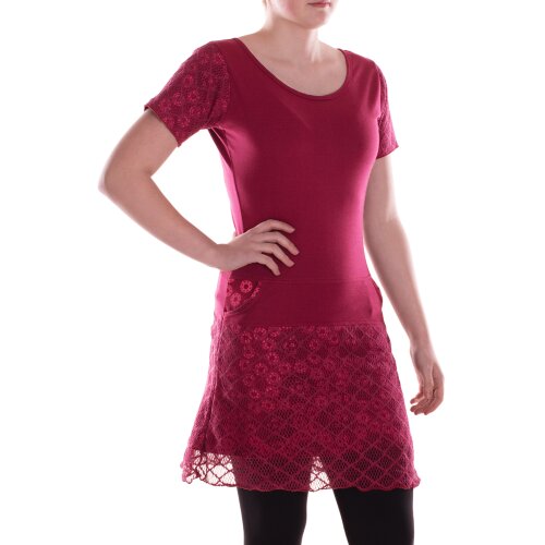 Vishes Damen A-Linie Kleid Baumwolle Blumen-Muster mit Spitzenapplikationen dunkelrot 40