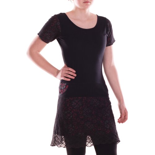 Vishes Damen A-Linie Kleid Baumwolle Blumen-Muster mit Spitzenapplikationen schwarz 44