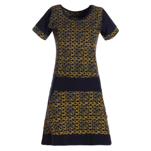 Vishes - Damen Longshirt-Kleid kurzarm Mini-Kleid Tunika-Kleid T-Shirtkleid Schwarz-Gelbgrün 40