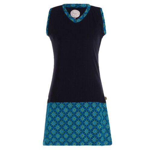Vishes - Damen Sommerkleid Armlos Sternchen-Kleid Tunika-Kleid T-Shirtkleid schwarz-türkis 38