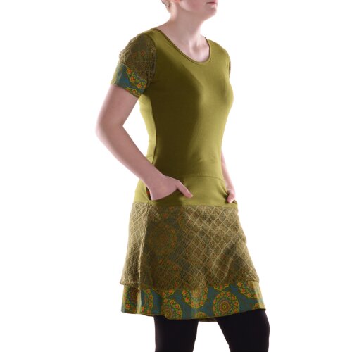 Vishes Damen Kleid Baumwolle Blumen-Muster A-Linie mit Taschen olive 38