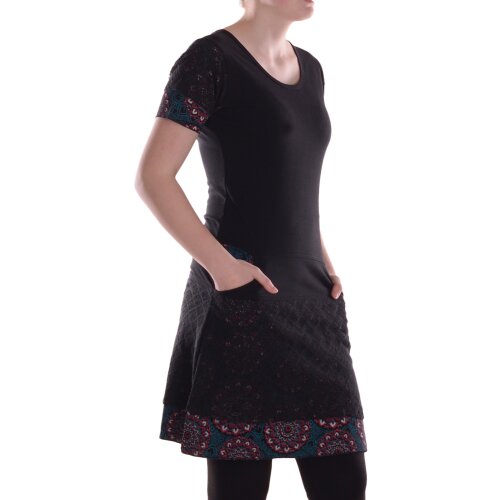 Vishes Damen Kleid Baumwolle Blumen-Muster A-Linie mit Taschen schwarz 38