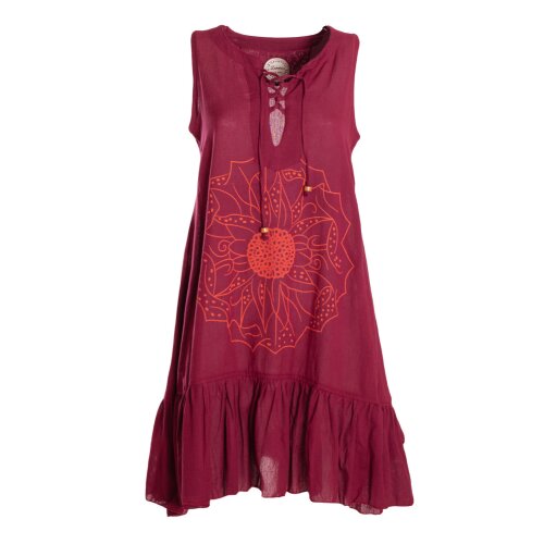 Vishes Damen Hängerkleid Baumwolle Blumen-Muster Lagenlook-Design mit Schnüren und Holzperlen dunkelrot 38-40
