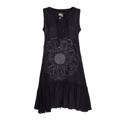 Vishes Damen Hängerkleid Baumwolle Blumen-Muster Lagenlook-Design mit Schnüren und Holzperlen schwarz 46