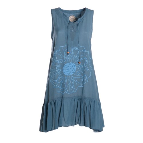 Vishes Damen Hängerkleid Baumwolle Blumen-Muster Lagenlook-Design mit Schnüren und Holzperlen türkis 42