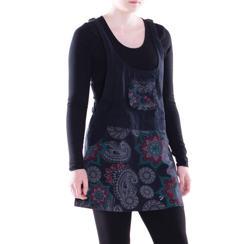 Vishes Damen Mini-Kleid Baumwolle Paisley Latzkleid mit Taschen schwarz-türkis 44