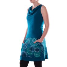 Vishes Damen mittellanges Kleid Baumwolle geometrisches Muster Wasserfall-Ausschnitt mit Taschen türkis 40
