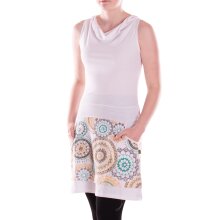 Vishes Damen mittellanges Kleid Baumwolle geometrisches Muster Wasserfall-Ausschnitt mit Taschen weiß 36