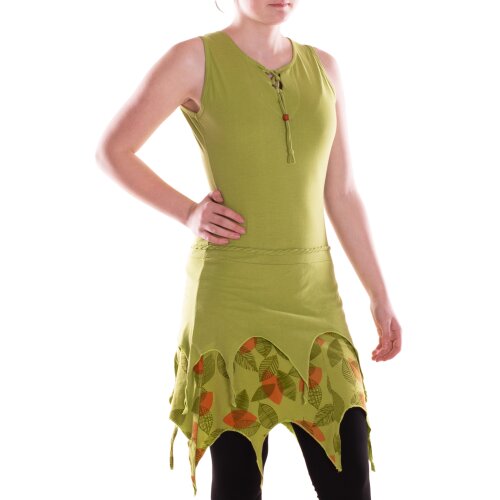 Vishes Damen mittellanges Kleid Baumwolle Blatt Zipfelsaum Schürung am Auschnitt