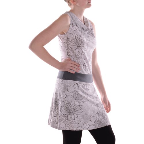 Vishes Damen A-Linie Kleid Baumwolle Blumen-Muster Wasserfall-Ausschnitt mit Taschen weiß 40