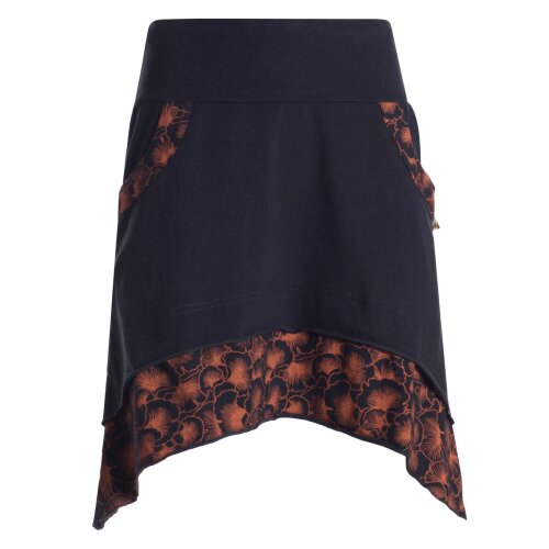 Vishes Damen Mini-Rock Baumwolle A-Linie Blumen-Muster breiter Bund zum Schnüren schwarz-orange 36