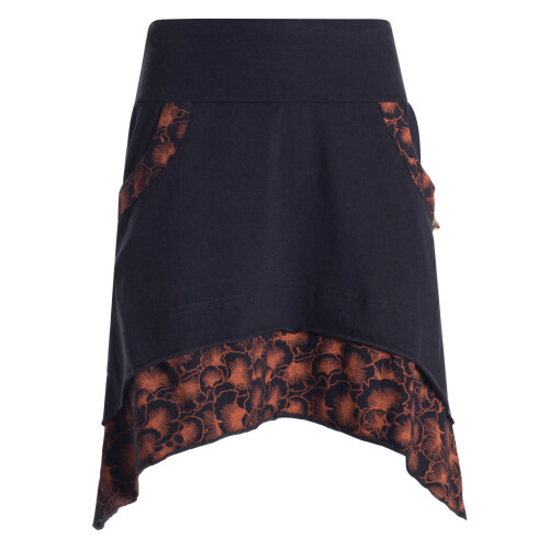 Vishes Damen Mini-Rock Baumwolle A-Linie Blumen-Muster breiter Bund zum Schnüren schwarz-orange 46