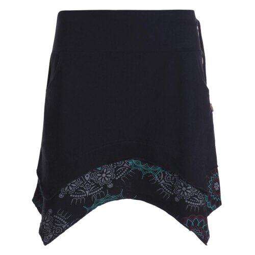 Vishes Damen asymmetrischer Mini-Rock Baumwolle Mandala und Blumen-Muster breiter Bund mit Kordel-Zug schwarz 44