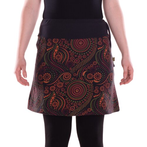 Vishes Damen Mini-Rock Baumwolle Mandala-Muster extra breiter Bund mit Kordel-Zug schwarz-orange 36