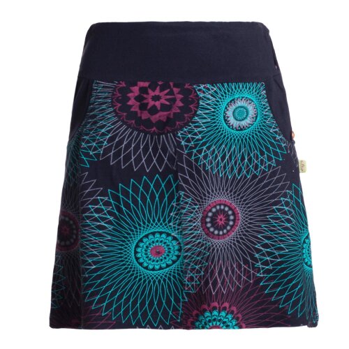 Vishes Damen Mini-Rock Baumwolle Mandala-Muster breiter Bund zum Schnüren mit Taschen schwarz 48