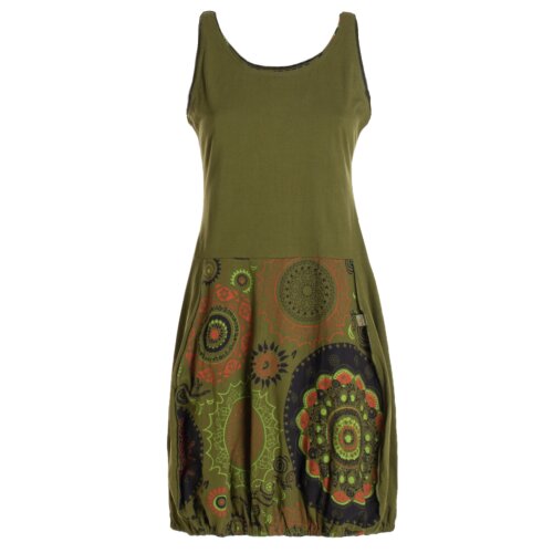 Vishes Damen mittellanges Kleid Baumwolle geometrisches Muster Ballonkleid olive 40
