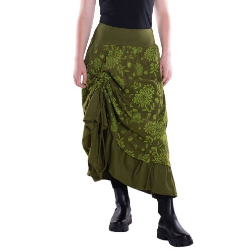 Vishes - langer Damen Maxi-Rock längen-verstellbar Baumwolle Blüten-Muster olive 36