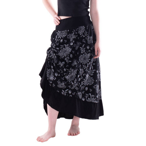 Vishes - langer Damen Maxi-Rock längen-verstellbar Baumwolle Blüten-Muster schwarz 42-44