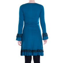 Vishes Damen knielang Kleid Baumwolle Blumen-Muster Lagenlook-Design Rüschen am Saum und Ärmel türkis 38