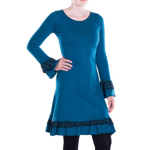 Vishes Damen knielang Kleid Baumwolle Blumen-Muster Lagenlook-Design Rüschen am Saum und Ärmel türkis 42