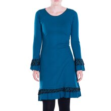 Vishes Damen knielang Kleid Baumwolle Blumen-Muster Lagenlook-Design Rüschen am Saum und Ärmel türkis 42