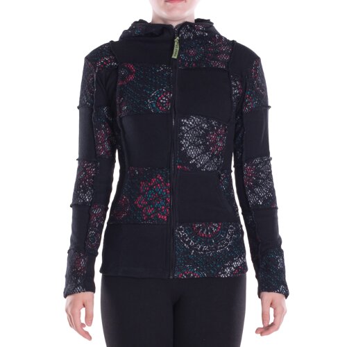Vishes - Damen-Jacke Blumen-Sweatjacke Hippie-Jacke Spitzen Kapuzenjacke schwarz 42