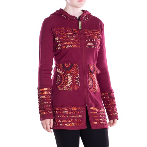 Vishes Damen Hippie Kapuzenjacke mit Cutwork, Patchwork Mustern dunkelrot 44
