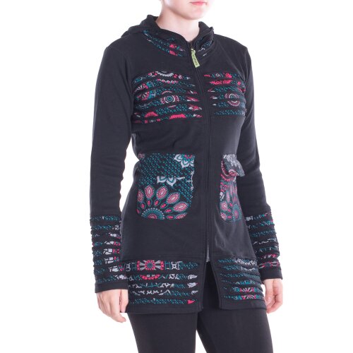 Vishes Damen Hippie Kapuzenjacke mit Cutwork, Patchwork Mustern schwarz 40