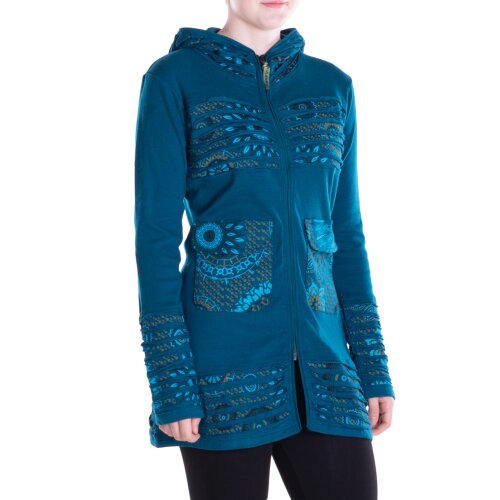 Vishes Damen Hippie Kapuzenjacke mit Cutwork, Patchwork Mustern türkis 36-38