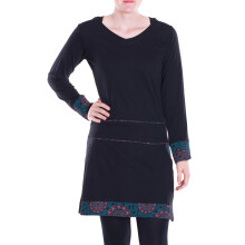 Vishes Damen Kleid Baumwolle Casual A-Linie V-Ausschnitt Langarm mit Taschen schwarz 44