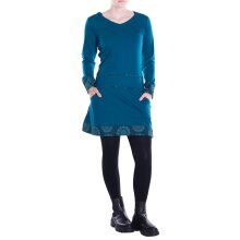 Vishes Damen Kleid Baumwolle Casual A-Linie V-Ausschnitt Langarm mit Taschen türkis 40