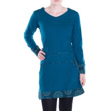 Vishes Damen Kleid Baumwolle Casual A-Linie V-Ausschnitt Langarm mit Taschen türkis 40