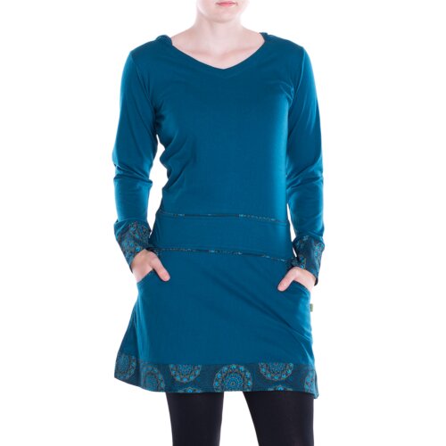 Vishes Damen Kleid Baumwolle Casual A-Linie V-Ausschnitt Langarm mit Taschen türkis 34
