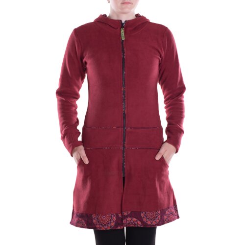 Vishes - Damen lange Fleecejacke Hippiemantel Übergangsjacke Kapuze dunkelrot 42