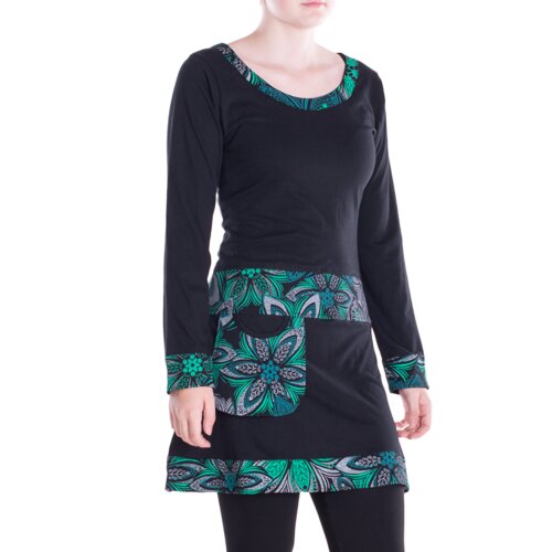 Vishes Damen A-Linie Kleid Baumwolle Blumen-Muster mittlere Taille mit Taschen schwarz 46